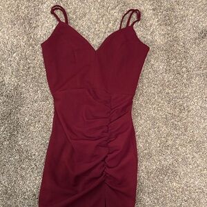 Emerald Sundae Wine Ruched Mini Dress